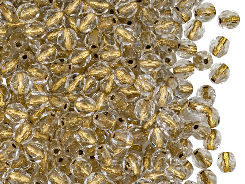 100 pcs Fire Polished Faceted Beads Round 4 mm, Crystal 24KT Gold Lined, Czech Glass