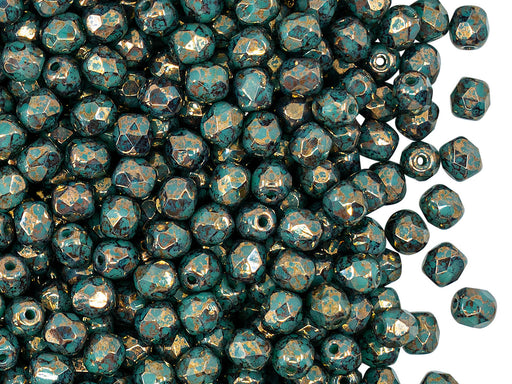 100 pcs Fire Polished Faceted Beads Round 4 mm, Opaque Green Turquoise Bronze, Czech Glass