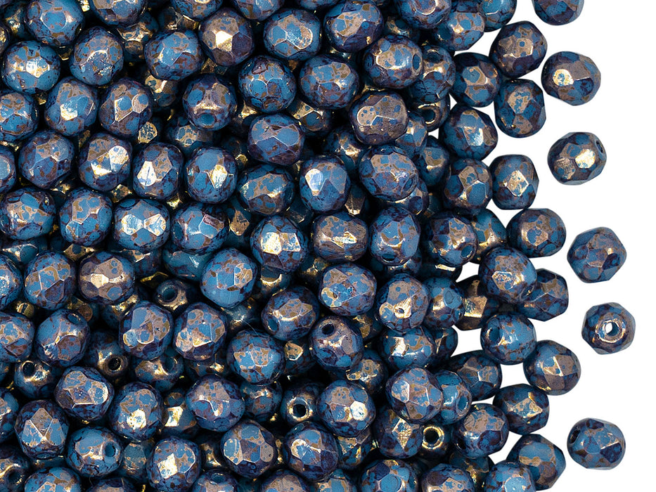 100 pcs Fire Polished Faceted Beads Round 4 mm, Opaque Blue Turquoise Bronze, Czech Glass