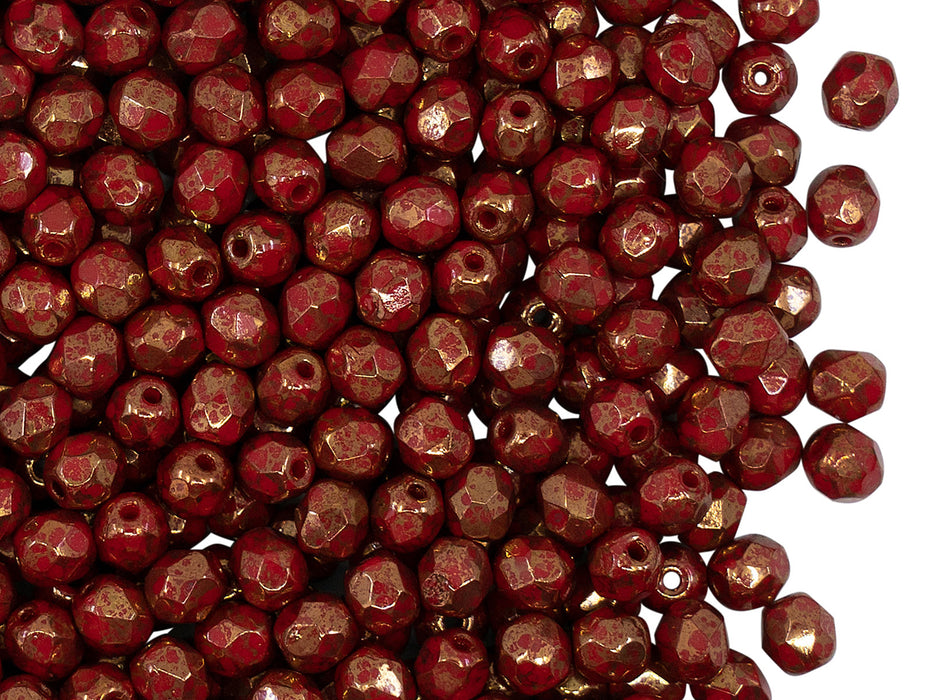 100 pcs Fire Polished Faceted Beads Round 4 mm, Opaque Coral Red Bronze, Czech Glass