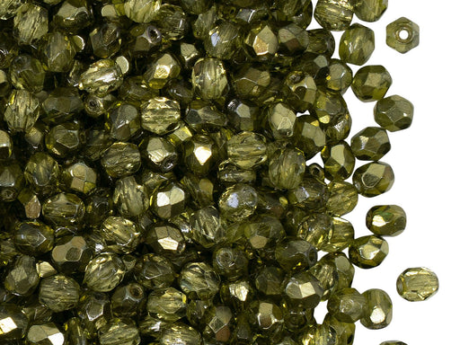Fire Polished Faceted Beads Round 4 mm, Crystal Dark Olive Metallic Ice, Czech Glass
