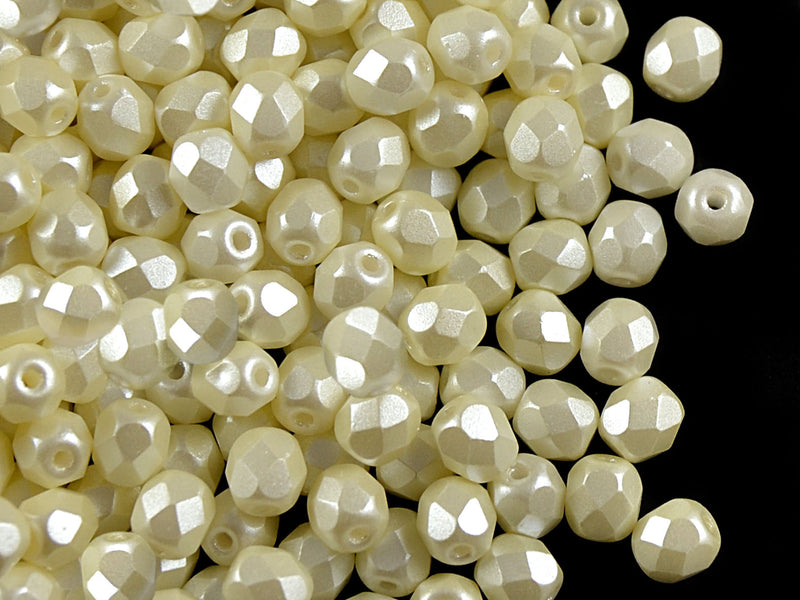 Set of Round Fire Polished Beads (3mm, 4mm, 6mm, 8mm), Pastel Light Cream, Czech Glass