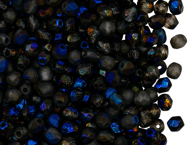 100 pcs Fire-Polished Faceted Beads Round 4mm, Czech Glass, Crystal Etched Azuro Full