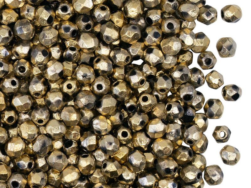 100 pcs Fire-Polished Faceted Beads Round 4mm, Czech Glass, Crystal Etched Amber Full