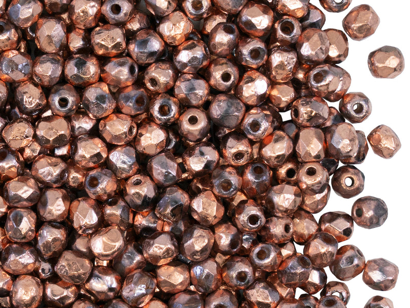 100 pcs Fire-Polished Faceted Beads Round 4mm, Czech Glass, Crystal Etched Capri Gold Full