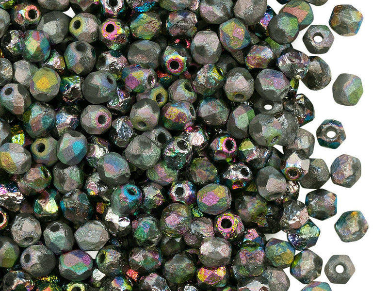 100 pcs Fire-Polished Faceted Beads Round 4mm, Czech Glass, Crystal Etched Full Vitrail