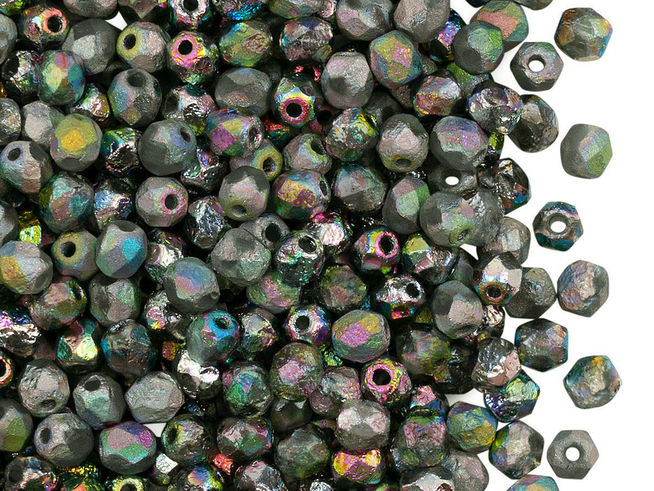 100 pcs Fire-Polished Faceted Beads Round 4mm, Czech Glass, Crystal Etched Full Vitrail