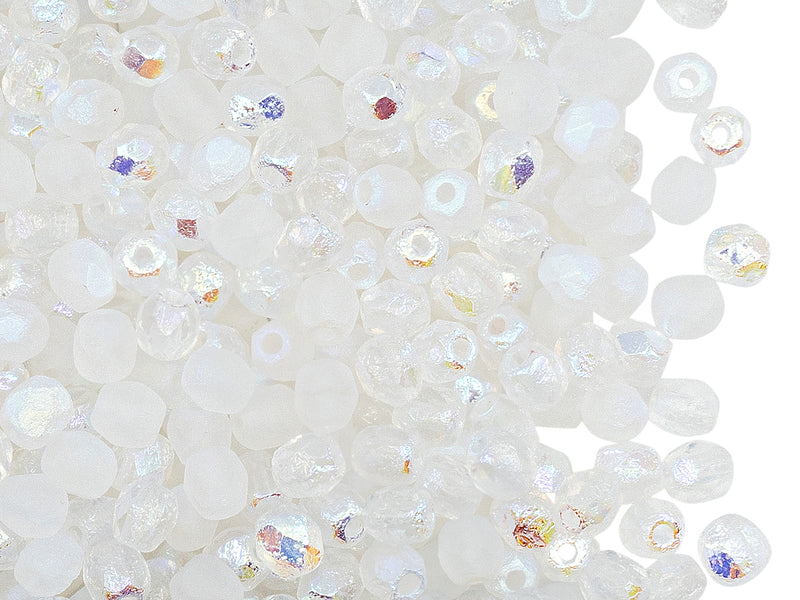 100 pcs Fire-Polished Faceted Beads Round 4mm, Czech Glass, Crystal Etched AB Full