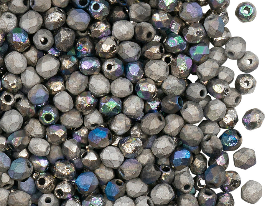 100 pcs Fire-Polished Faceted Beads Round 4mm, Czech Glass, Crystal Etched Glittery Argentic