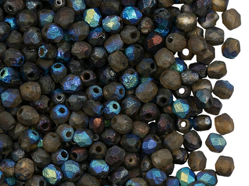 100 pcs Fire-Polished Faceted Beads Round 4mm, Czech Glass, Crystal Etched Glittery Bronze Dark