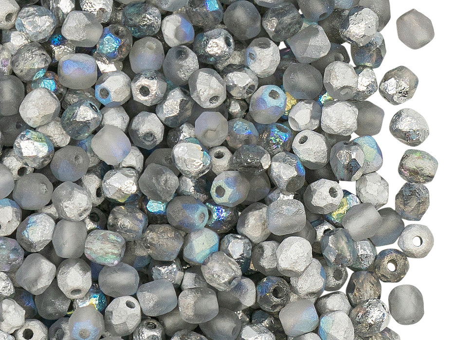 100 pcs Fire-Polished Faceted Beads Round 4mm, Czech Glass, Crystal Etched Silver Rainbow