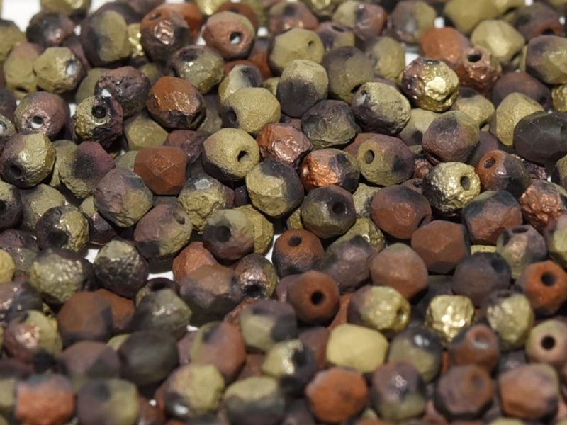100 pcs Fire-Polished Faceted Beads Round 4mm, Czech Glass, Crystal Etched California Gold Rush Dark