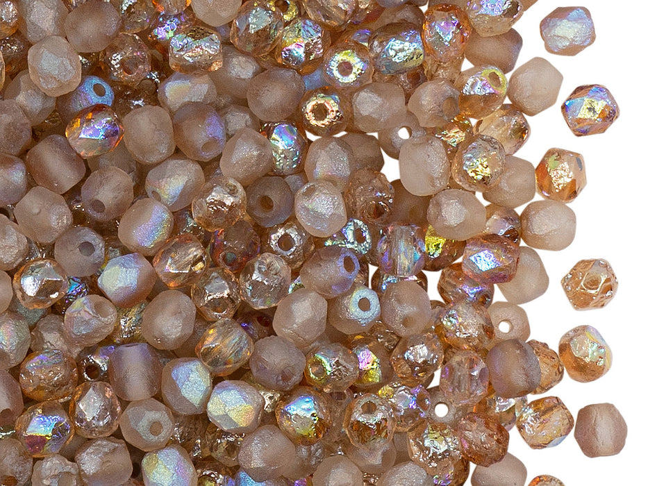 100 pcs Fire-Polished Faceted Beads Round 4mm, Czech Glass, Crystal Etched Brown Rainbow