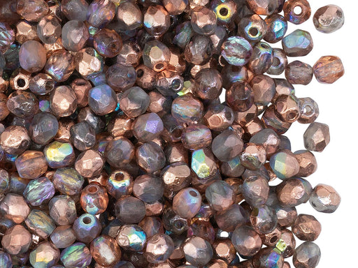 100 pcs Fire-Polished Faceted Beads Round 4mm, Czech Glass, Crystal Etched Copper Rainbow