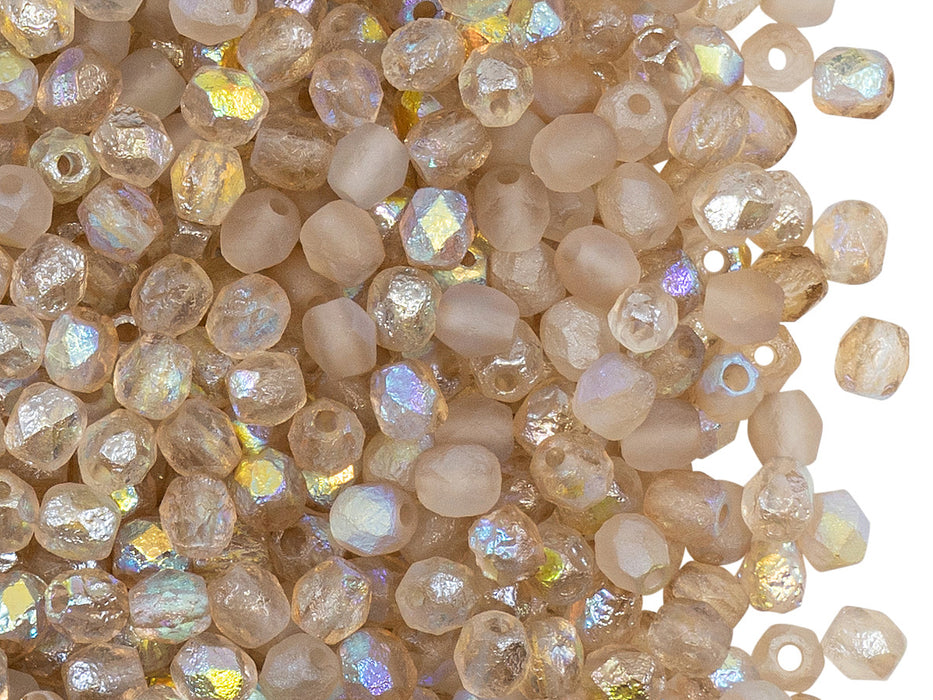 100 pcs Fire-Polished Faceted Beads Round 4mm, Czech Glass, Crystal Etched Lemon Rainbow
