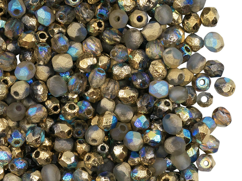 100 pcs Fire-Polished Faceted Beads Round 4mm, Czech Glass, Crystal Etched Golden Rainbow