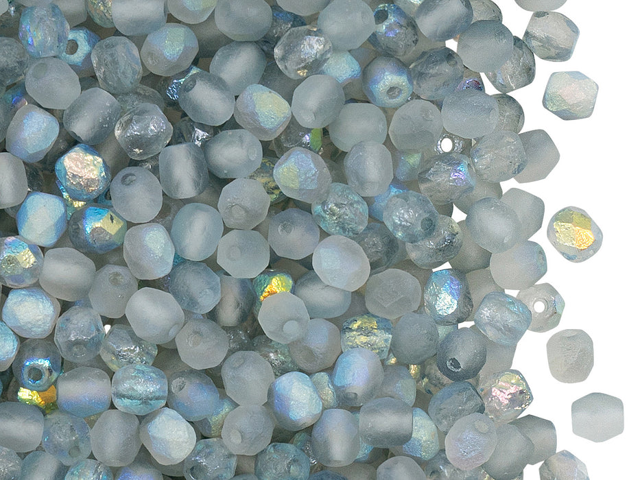 100 pcs Fire-Polished Faceted Beads Round 4mm, Czech Glass, Crystal Etched Blue Rainbow