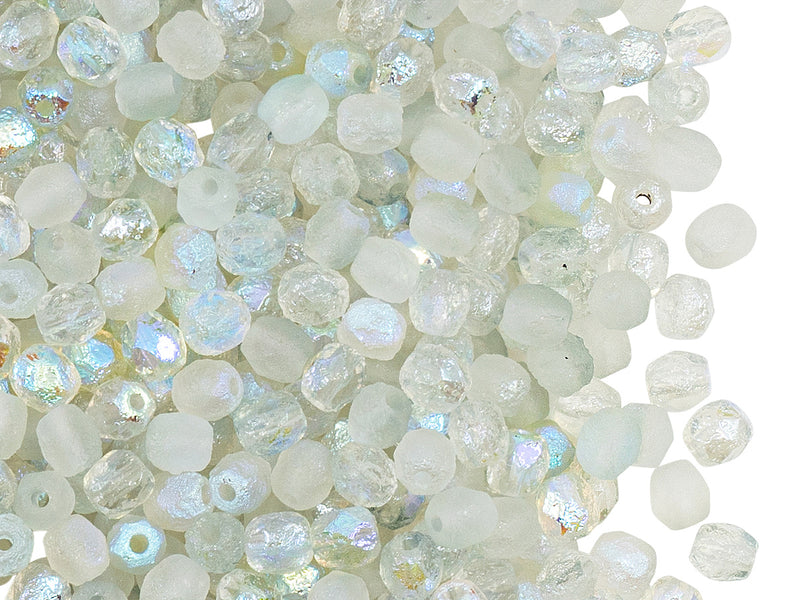 100 pcs Fire-Polished Faceted Beads Round 4mm, Czech Glass, Crystal Etched Green Rainbow