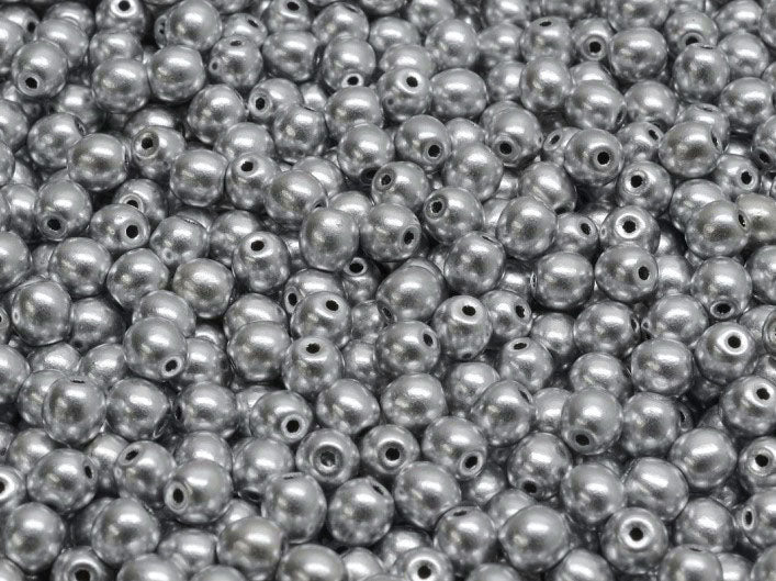 Set of Round Beads (3mm, 4mm, 6mm, 8mm), Silver Matte, Czech Glass