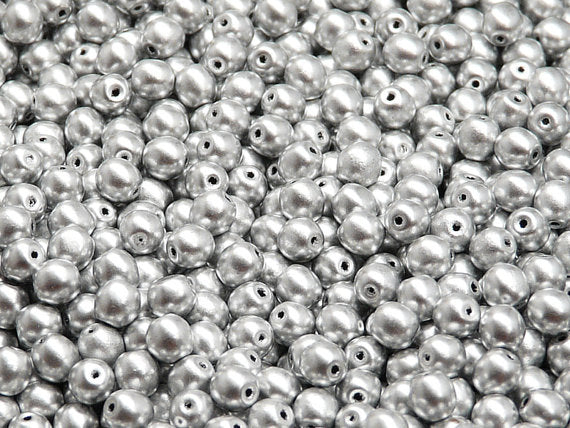 100 pcs Round Pressed Beads, 4mm, Silky Silver (Crystal Aluminum), Czech Glass
