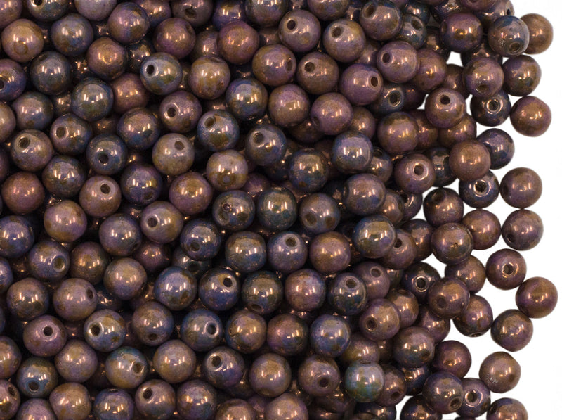 100 pcs Round Pressed Beads, 4mm, White Chalk Turquoise Violet Glaze, Czech Glass