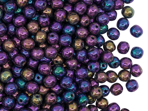 100 pcs Round Beads 4 mm, Jet Purple Iris, Czech Glass
