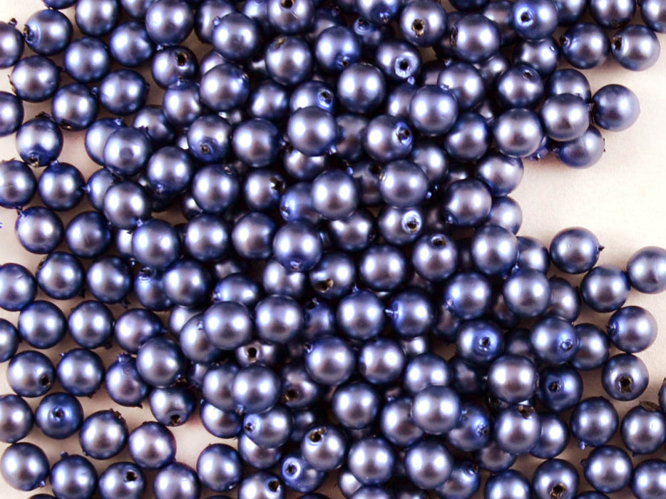 100 pcs Round Pearl Beads, 4mm, Blue Matte, Czech Glass