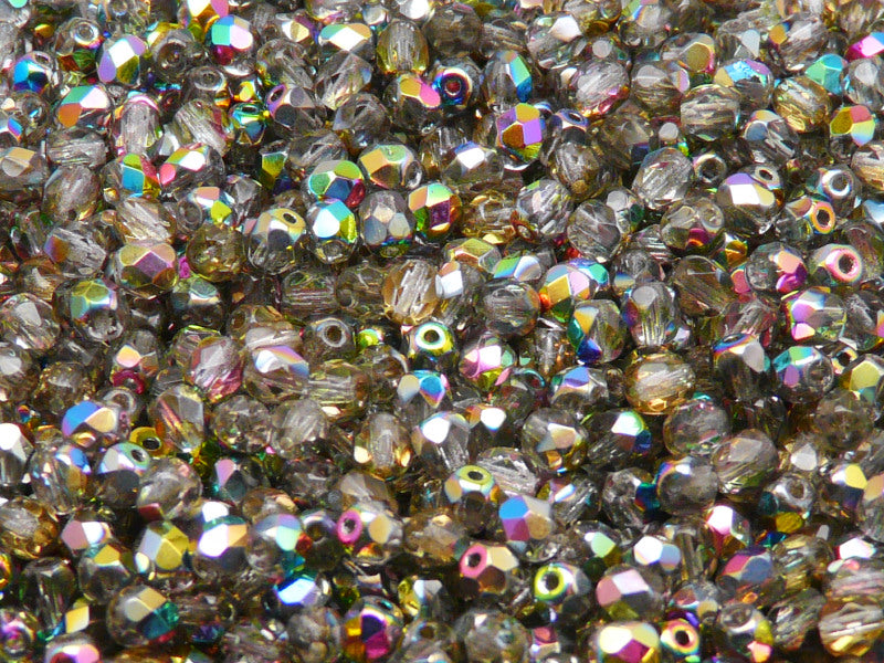 Set of Round Fire Polished Beads (4mm, 6mm), 3 colors: Jet Black, Crystal Vitrail, Chalk White, Czech Glass