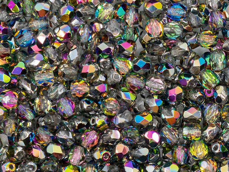 Set of Round Fire Polished Beads (3mm, 4mm, 6mm, 8mm), 3 colors: Crystal Vitrail, Chalk White, Jet Black, Czech Glass