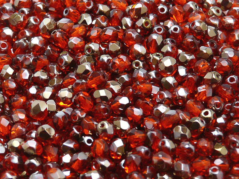Set of Czech Fire-Polished Glass Beads Round 4mm - 4 colors Crystal Orange Red, Crystal Crimson, Ruby Valentinite, Dark Amber Valentinite