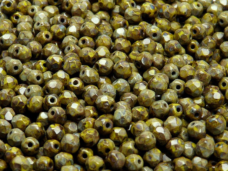 100 pcs Fire Polished Faceted Beads Round, 4mm, Opaque Green Travertine, Czech Glass