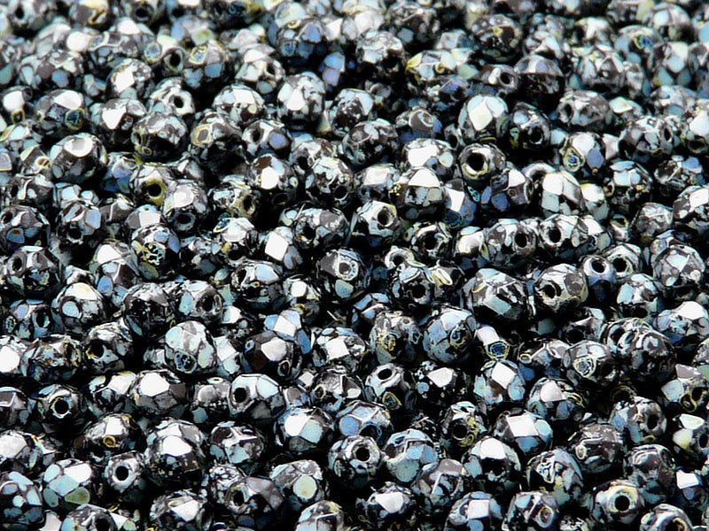 100 pcs Fire Polished Faceted Beads Round, 4mm, Jet Travertine, Czech Glass