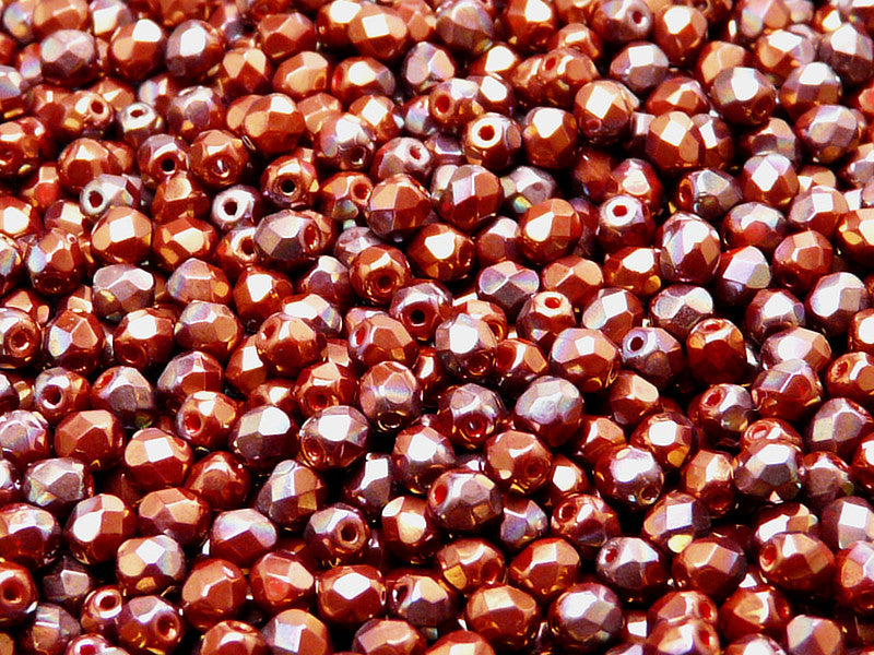 100 pcs Fire Polished Faceted Beads Round, 4mm, Coral Red Amethyst Rainbow Luster, Czech Glass