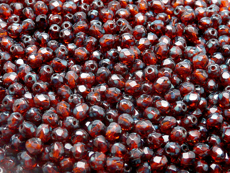 100 pcs Fire Polished Faceted Beads Round, 4mm, Hyacinth Travertine, Czech Glass