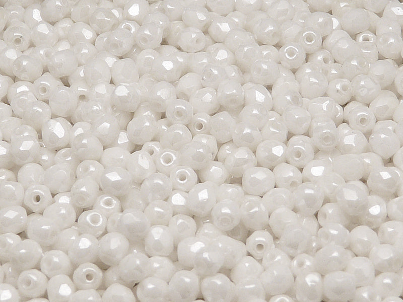 100 pcs Fire Polished Faceted Beads Round, 4mm, Chalk White Luster, Czech Glass