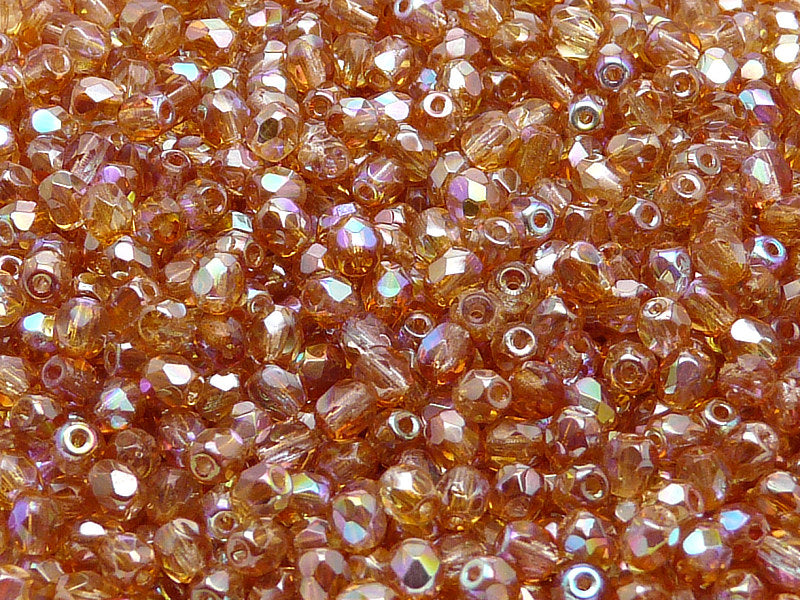 100 pcs Fire Polished Faceted Beads Round, 4mm, Crystal Orange Rainbow, Czech Glass