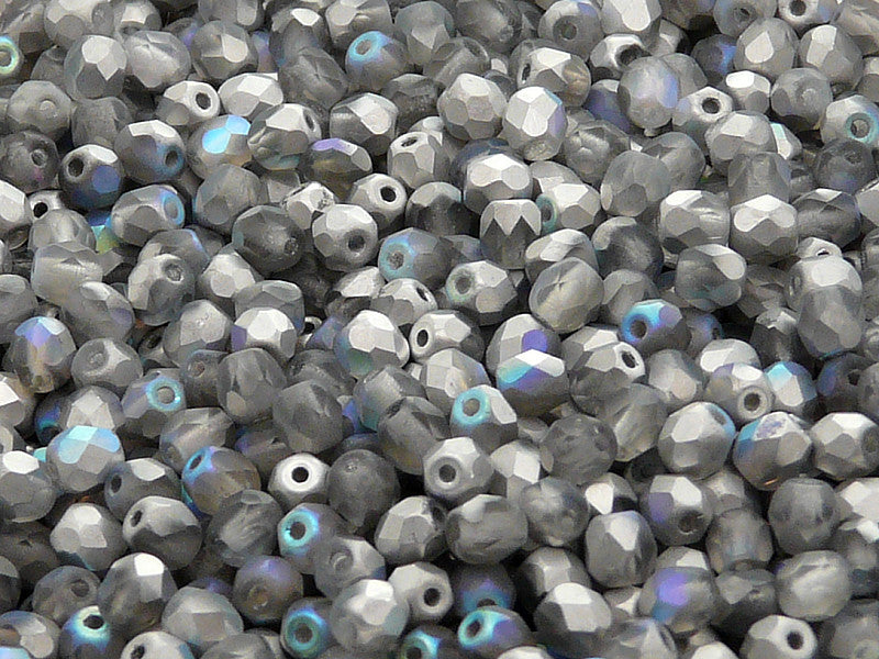 100 pcs Fire Polished Faceted Beads Round, 4mm, Crystal Matte Silver Rainbow, Czech Glass