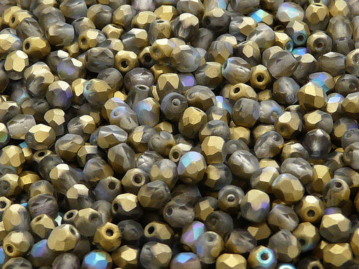 100 pcs Fire Polished Faceted Beads Round, 4mm, Crystal Matte Golden Rainbow, Czech Glass