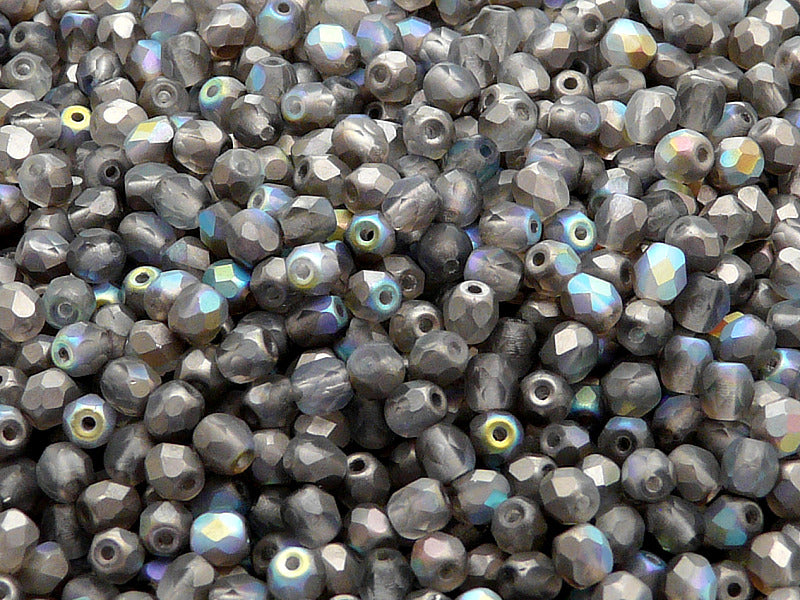 100 pcs Fire Polished Faceted Beads Round, 4mm, Crystal Matte Graphite Rainbow, Czech Glass