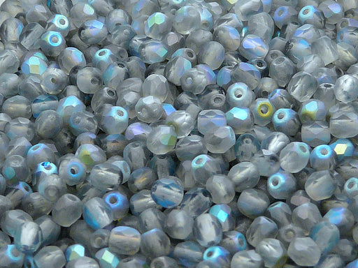 100 pcs Fire Polished Faceted Beads Round, 4mm, Crystal Matte Blue Rainbow, Czech Glass