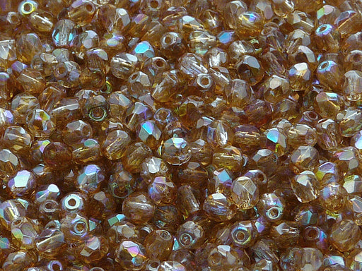 100 pcs Fire Polished Faceted Beads Round, 4mm, Crystal Brown Rainbow, Czech Glass