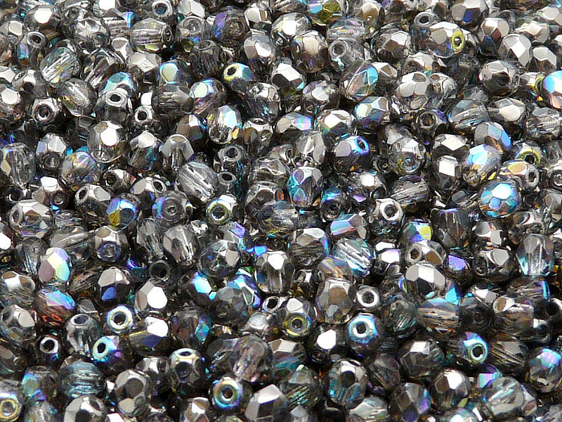 100 pcs Fire Polished Faceted Beads Round, 4mm, Crystal Graphite Rainbow, Czech Glass
