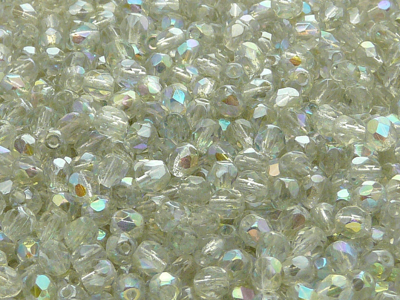 100 pcs Fire Polished Faceted Beads Round, 4mm, Crystal Green Rainbow, Czech Glass