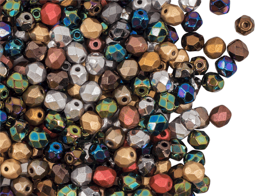 100 pcs Fire-Polished Faceted Beads Round 4mm, Czech Glass, Metal Mix
