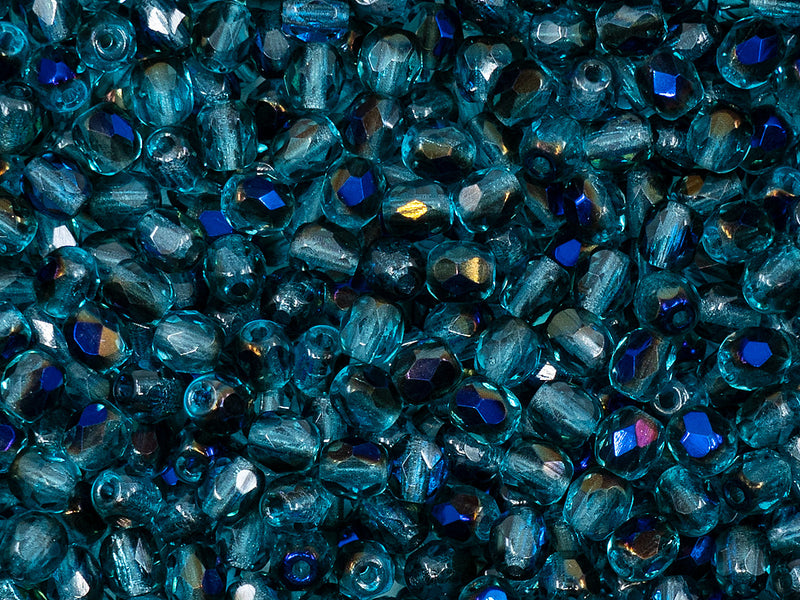 100 pcs Fire Polished Faceted Beads Round 4 mm, Aquamarine Azuro, Czech Glass