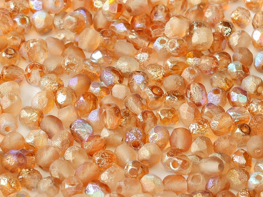 100 pcs Fire-Polished Faceted Beads Round 4mm, Czech Glass, Crystal Etched Orange Rainbow