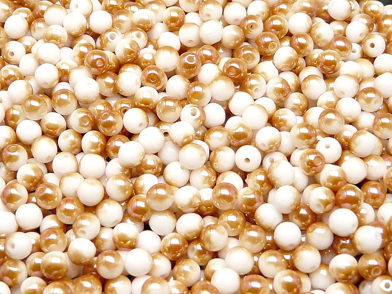 100 pcs Round Pressed Beads, 4mm, White Chalk Half Apricot, Czech Glass