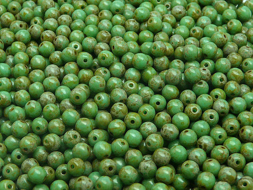 100 pcs Round Pressed Beads, 4mm, Turquoise Green Travertine Dark, Czech Glass