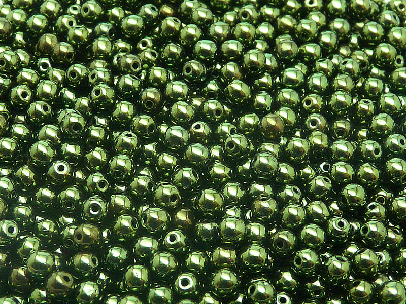 100 pcs Round Pressed Beads, 4mm, Dark Green Metallic, Czech Glass