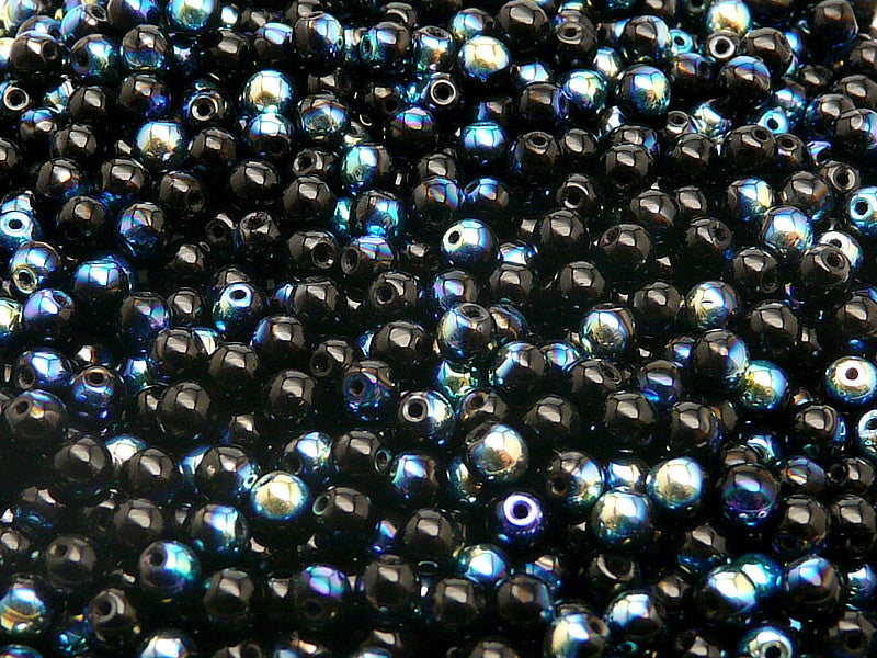 100 pcs Round Pressed Beads, 4mm, Jet AB, Czech Glass
